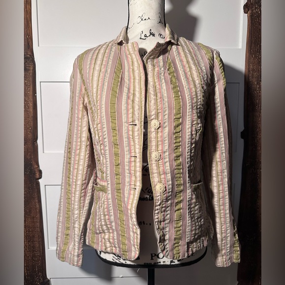 CAbi Jackets & Blazers - Stylish Cabi Women's Green and Pink Striped Jacket | Size 8 | 100% Cotton